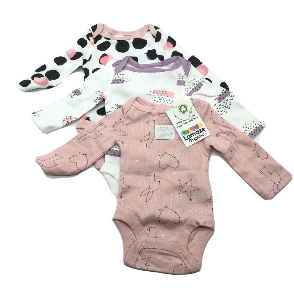 Lamaze Organic Cotton Baby One Piece Outfits Snap Button Pink White 6M